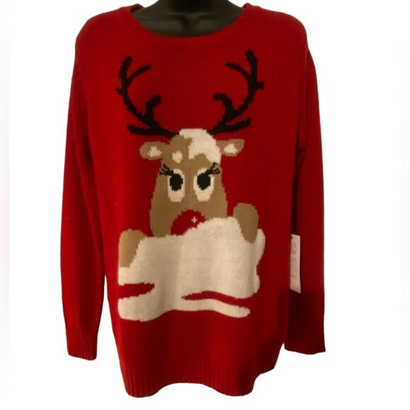 Treasure & Bond Sweaters - Women’s reindeer peaking over the snow red ugly Christmas sweater NWT size L